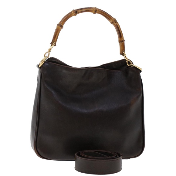 GUCCI Bamboo Hand Bag Leather 2way Dark Brown 01 1638 200047 Auth 49450 - Picture 1 of 16